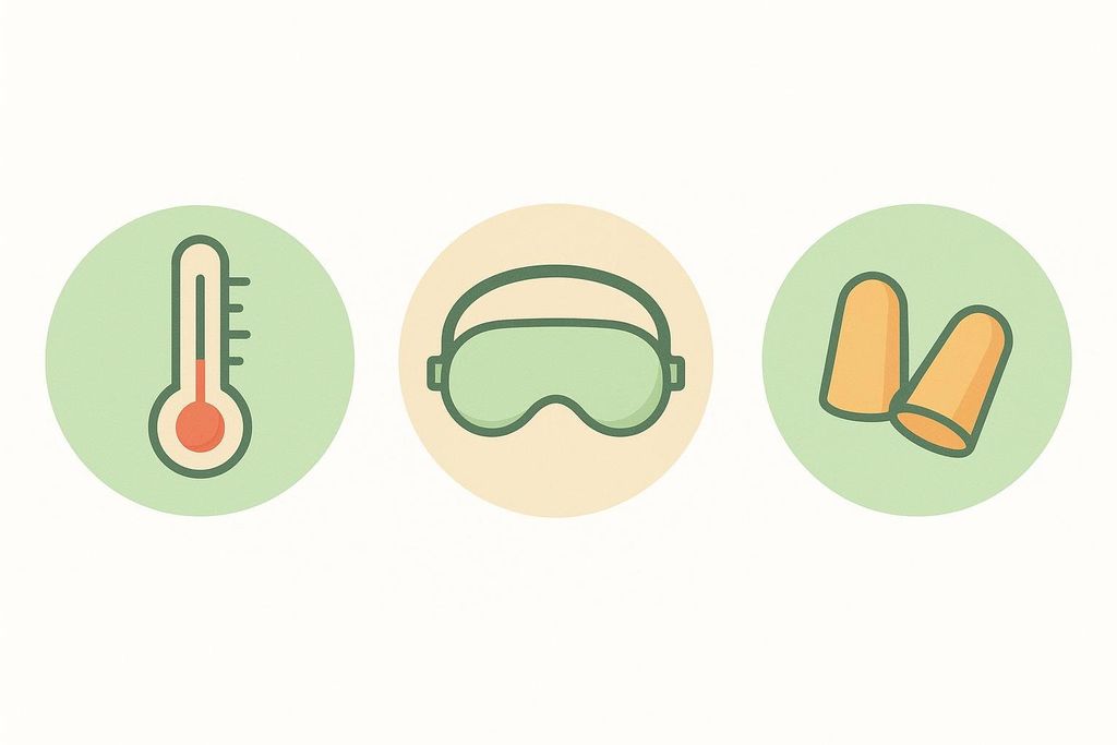 Three circular icons on a light background. From left to right: a thermometer with red liquid indicating warmth, a green eye mask, and two orange earplugs. These icons represent optimal sleep temperature, light, and noise conditions.