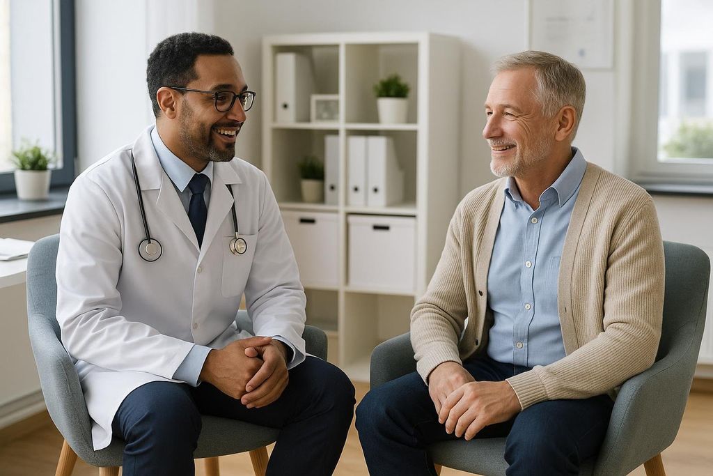 A smiling male doctor in a white lab coat with a stethoscope around his neck, sitting opposite a smiling senior male patient in a light blue shirt and beige cardigan. They are both looking at each other, engaged in conversation.