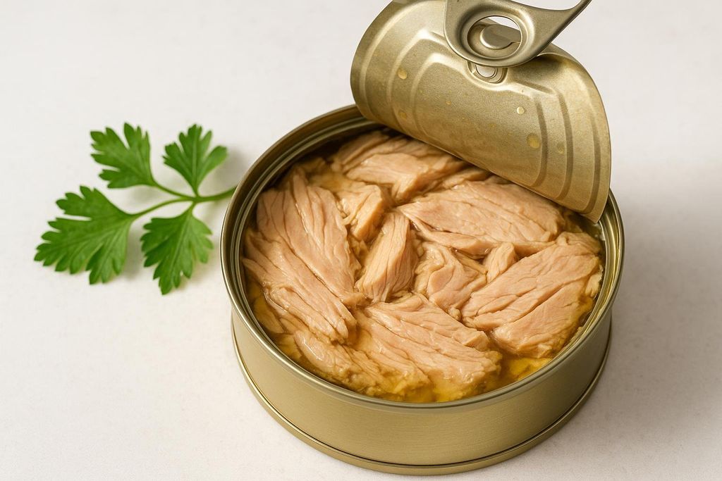 Close-up photo of an open can of light tuna in oil or water, with a fresh green parsley sprig visible in the background against a light surface. The tuna appears flaked and ready to eat.