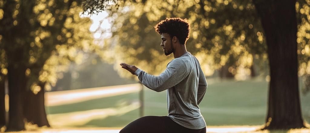 A man with dark curly hair practices tai chi in a park at sunset. He is wearing a grey long-sleeved shirt. The trees are blurred in the background with sunlight shining through.