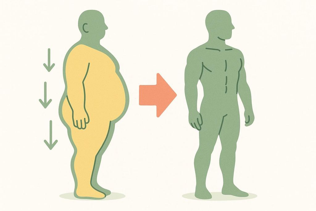 Illustration showing a progression from a figure with significant fat (yellow area) to a leaner, more muscular figure, with arrows indicating a decrease in fat and an increase in lean muscle mass. An orange arrow points from the 'before' figure to the 'after' figure, symbolizing a transformation.
