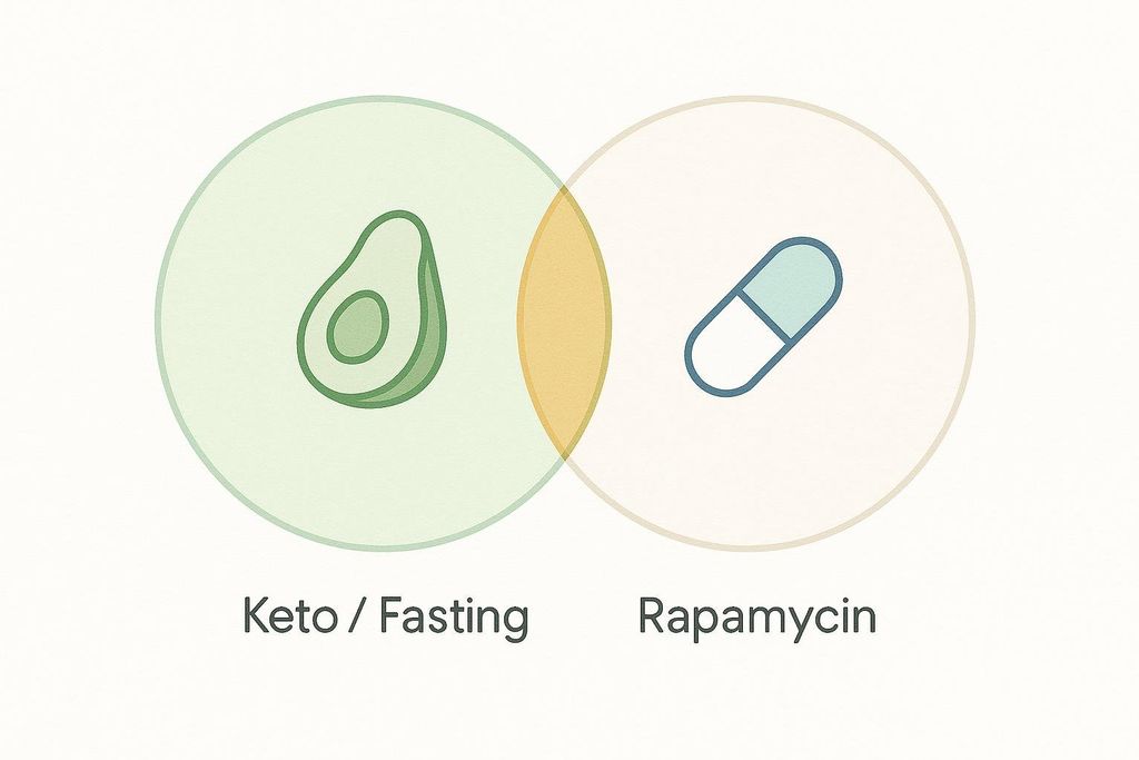 A Venn diagram showing two overlapping circles. The left circle depicts an avocado icon and is labeled "Keto / Fasting." The right circle contains a capsule pill icon and is labeled "Rapamycin." The overlapping section is a different color.