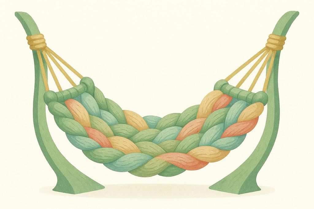 An illustration of a hammock made from thick, braided, pastel-colored ropes in shades of green, blue-green, orange, and yellow. It hangs between two stylized green posts, with thin yellow ropes connecting the hammock to the posts.