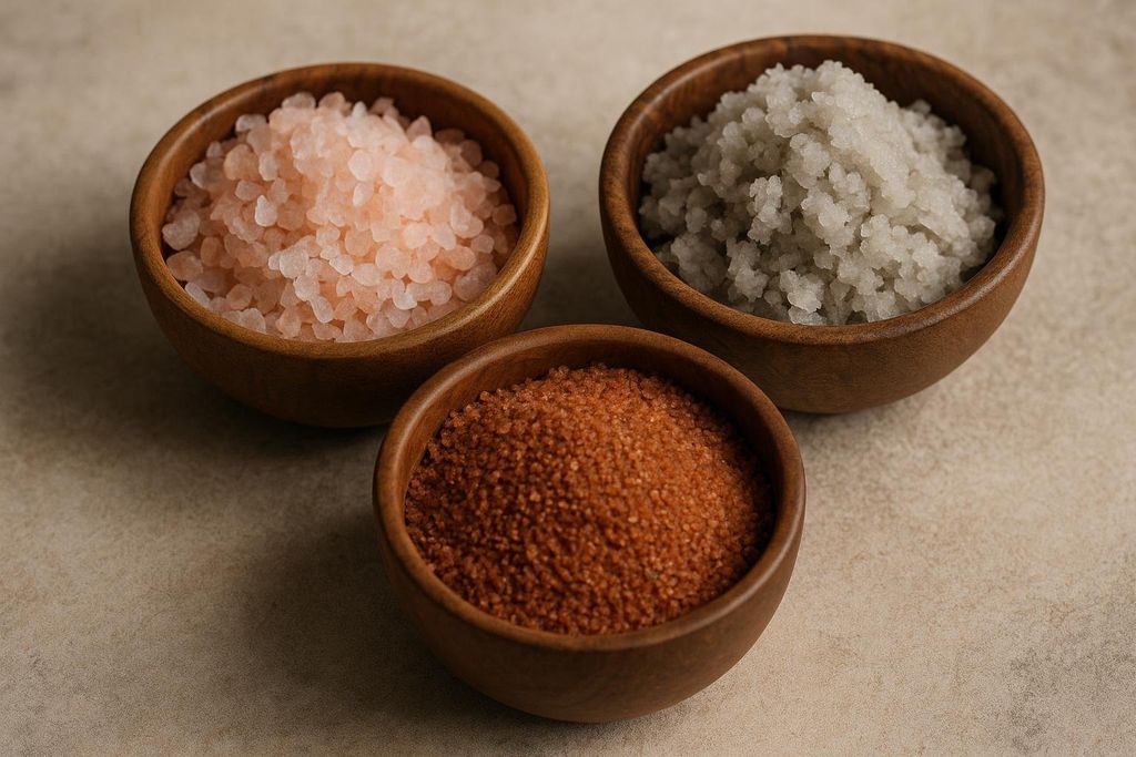 Three small wooden bowls filled with different kinds of salt. One bowl contains coarse pink Himalayan salt, another holds fine grey salt, and the third has reddish-brown Hawaiian Alaea salt.