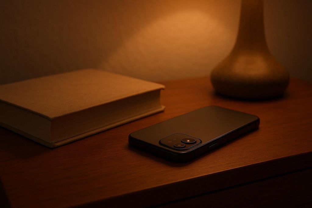 A black smartphone is placed face down on a wooden nightstand, next to a hardcover book and a lamp, suggesting a digital detox or winding down for the evening.