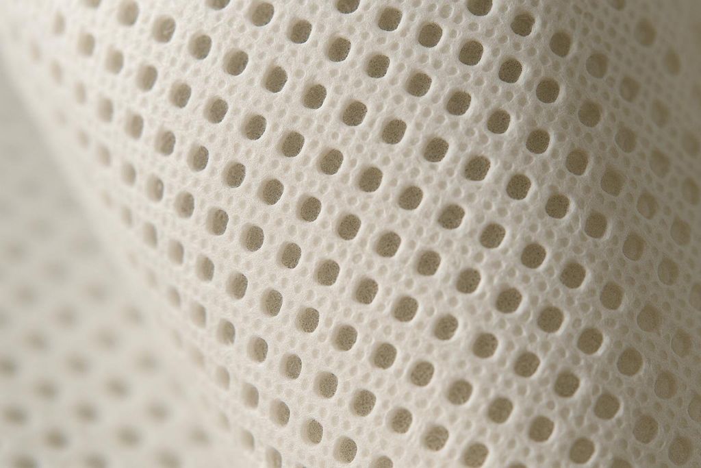A close-up, macroscopic view of light-colored medical tape with a grid pattern of evenly spaced circular holes, revealing a darker layer underneath through the perforations. The texture is porous with subtle bumps around the holes.