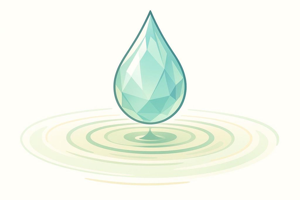 An illustration of a faceted, light blue water drop hovering above a surface, creating soft, concentric ripples in light green and yellow. The background is white.