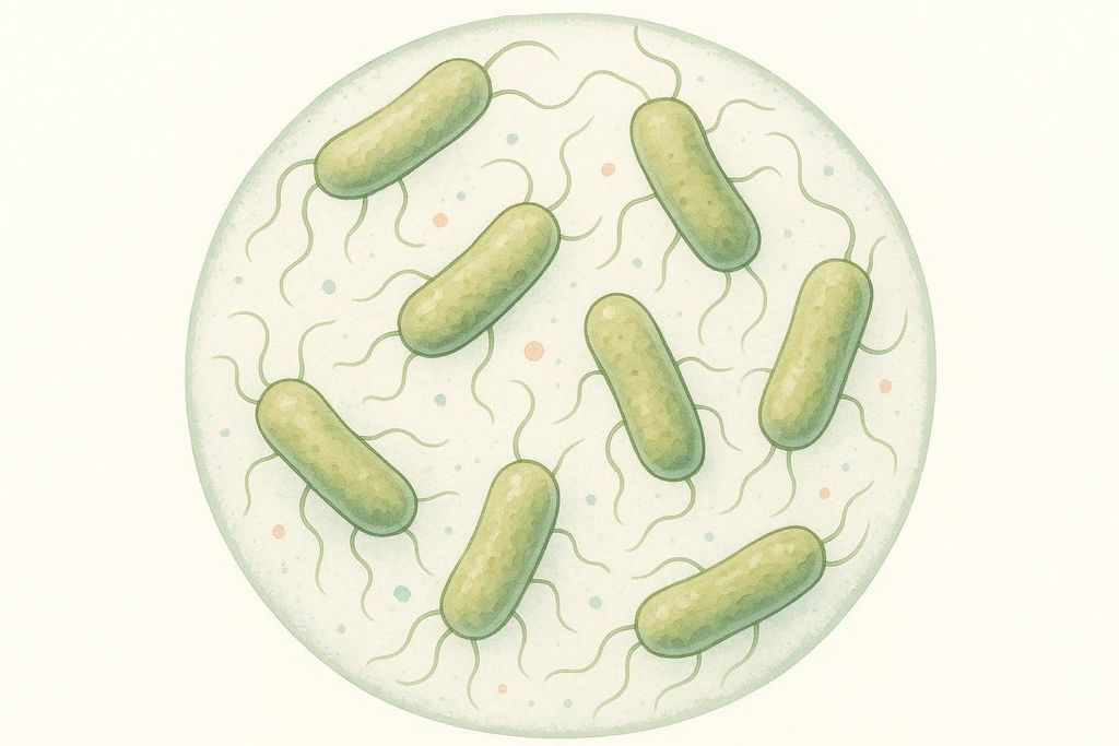 An illustration of several light green, rod-shaped bacteria with flagella, swimming in a petri dish or microscopic field. They are scattered across a light off-white background with small dots of light blue and light orange. The scene is encircled, resembling a view through a microscope.
