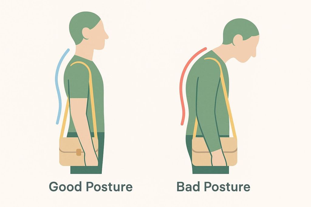 An illustration comparing good posture and bad posture. On the left, a figure stands upright with a gentle S-curve in the spine indicated by a blue line. On the right, a figure is hunched forward with rounded shoulders, indicated by a red line showing an exaggerated curve in the upper back.