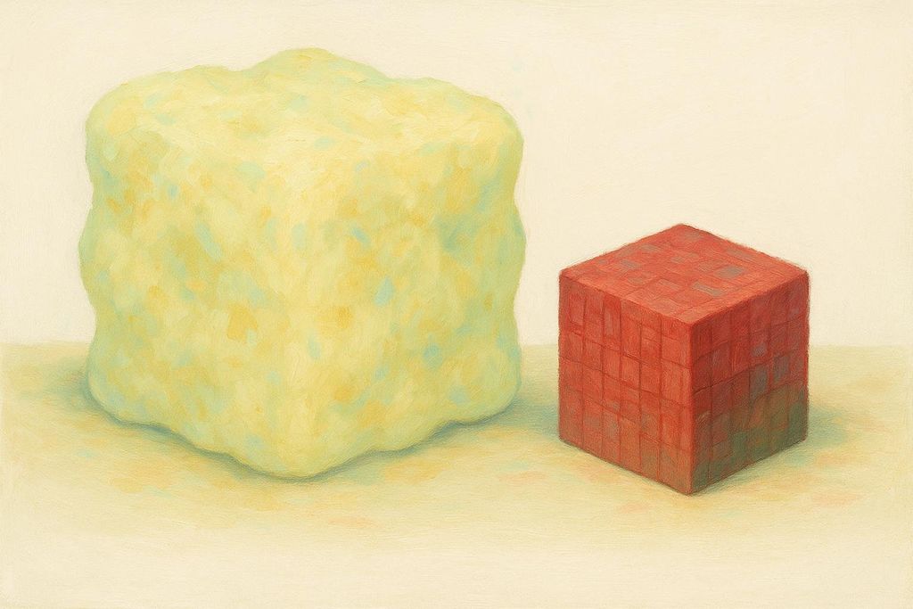 A graphic depicting a large, irregularly shaped blob of yellow-green labeled 'fat' next to a smaller, more compact red cube labeled 'muscle' to illustrate the difference in volume for the same weight.