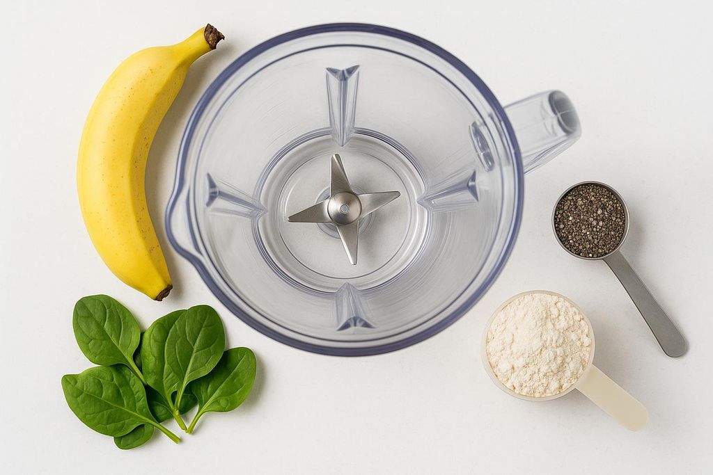 An empty blender is surrounded by ingredients for a smoothie, including a banana, fresh spinach leaves, a scoop of protein powder, and a spoonful of chia seeds, all arranged on a white surface.