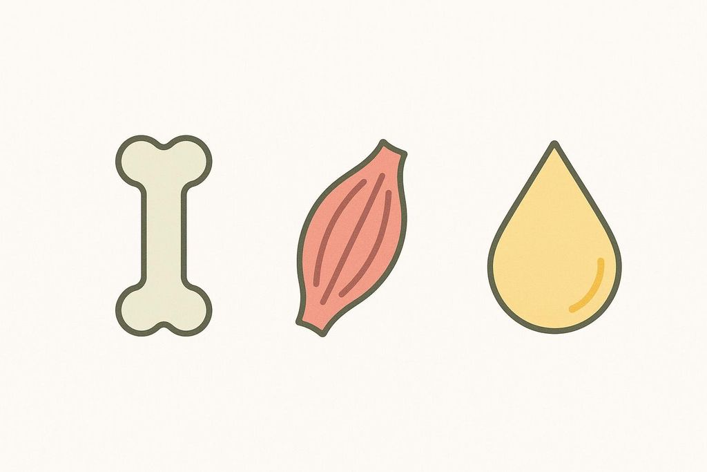 Minimalist cartoon style icons for bone, muscle, and fat, representing body composition. The bone is depicted as a white bone, the muscle a pink blob with lines, and the fat as a yellow tear drop.