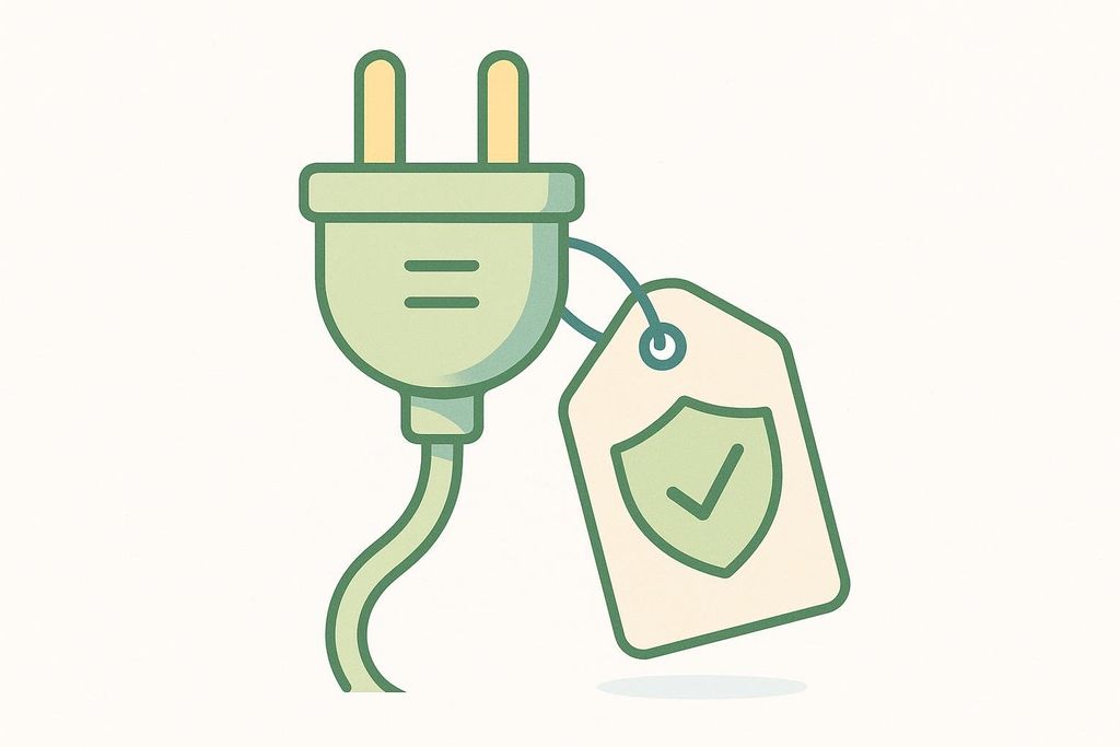 An illustration of a light green power plug with a safety certification tag dangling from it. The tag is shaped like a shield with a checkmark inside, also in light green.