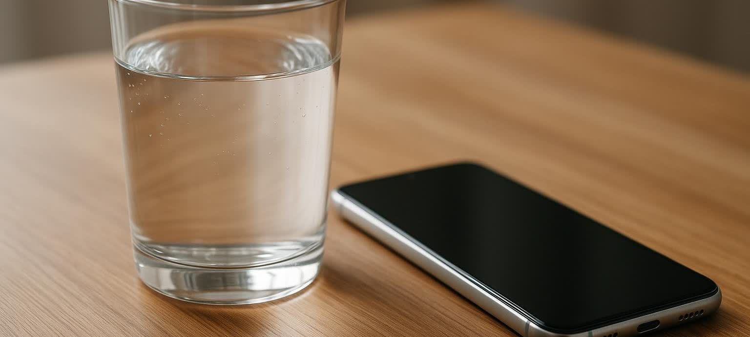 A clear glass filled with water sits next to a black smartphone with a dark screen, both resting on a light brown wooden table.