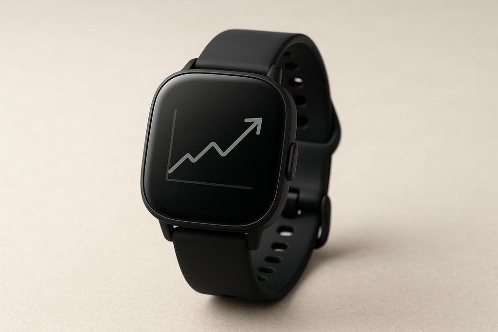 A modern black fitness tracker watch showing a clear graph on its screen, indicating an upward trend, likely representing improving VO₂ max over time.