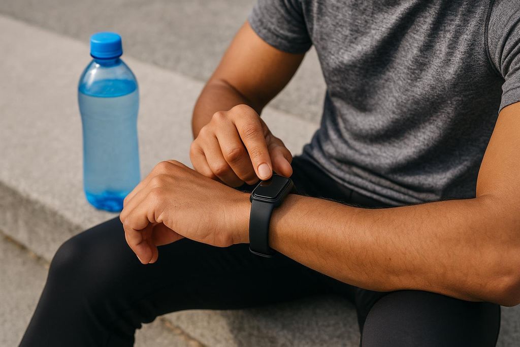 A person in a grey shirt and black pants sitting down, checking their black fitness tracker on their left wrist. A blue water bottle is visible next to them.