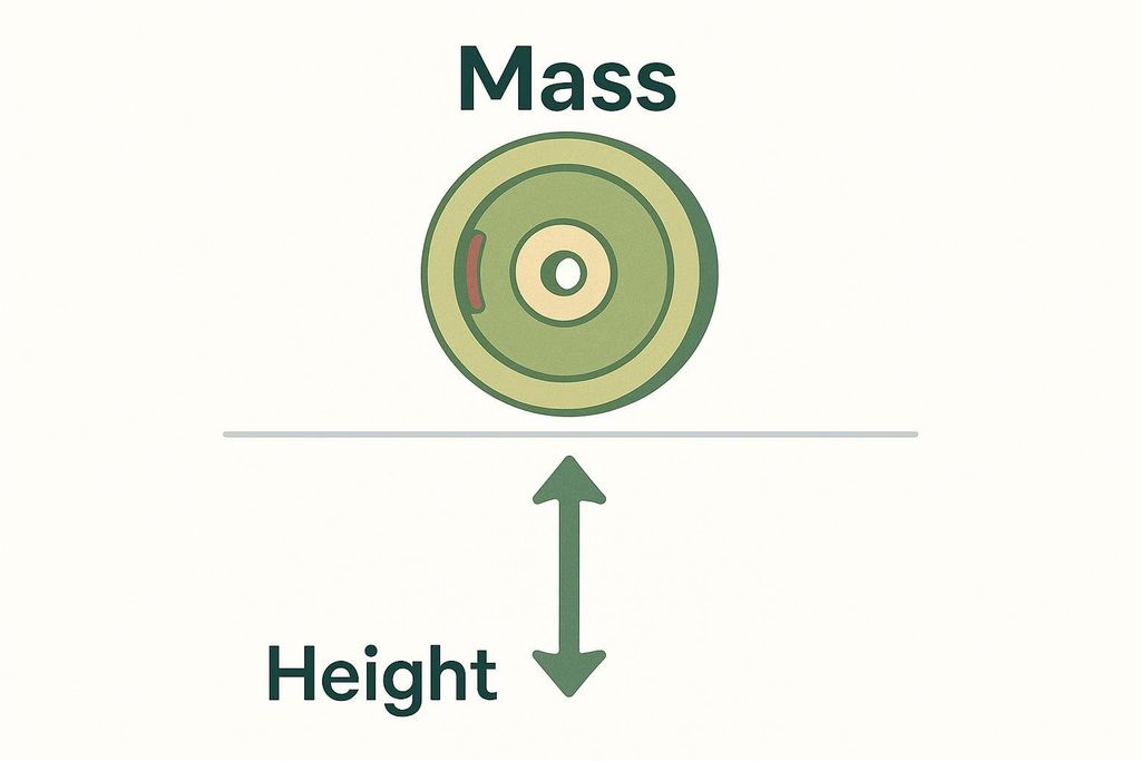 An illustration showing a weight plate labeled 'Mass' above a line, with a double-headed arrow pointing from the line down to the word 'Height'. This visually represents the LMI formula (Mass divided by Height).