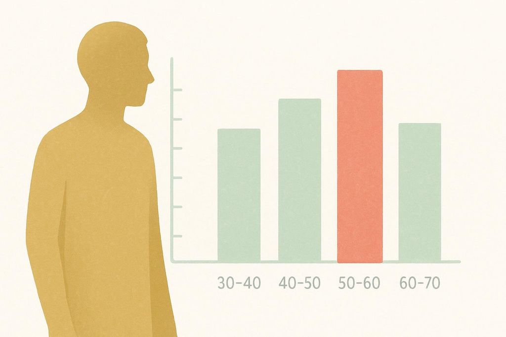 An illustration of a person's silhouette next to a bar chart displaying grip strength norms across age groups. The bar for the 50-60 age group is highlighted in red, while other age groups (30-40, 40-50, 60-70) are green.