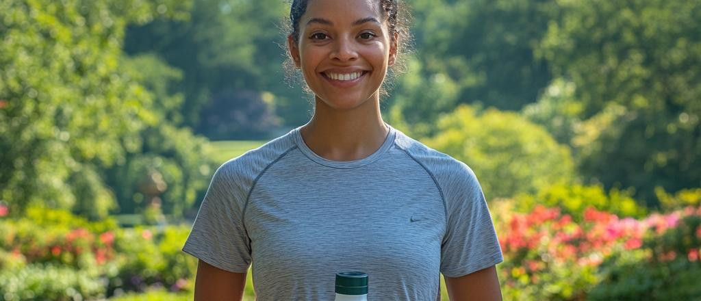 A woman in a grey athletic shirt smiles and holds a water bottle in front of a blurry background of trees and flowers.