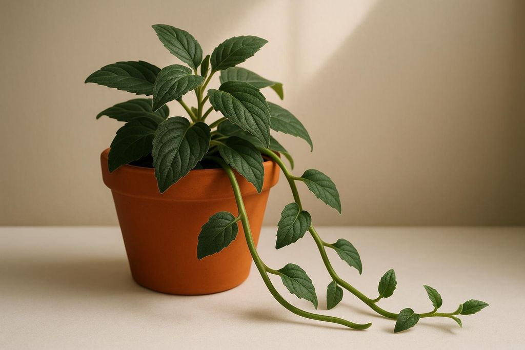 A Gynura procumbens plant in a terracotta pot, with its green leaves and trailing stems visible.