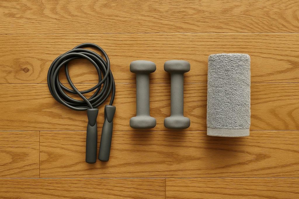 Top-down view of a jump rope, lightweight dumbbells, and a towel