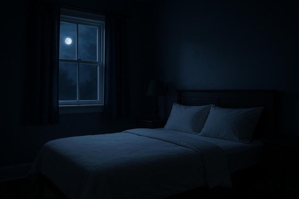 A dimly lit bedroom at night, with a full moon visible through the window. The bed is made with white linens and there's a bedside table with a lamp.