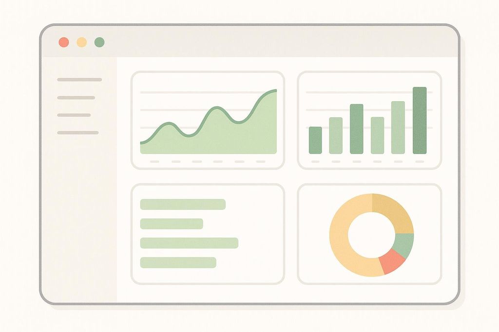 Illustration of a clean, modern dashboard interface displaying abstract data in the form of line, bar, and donut charts.
