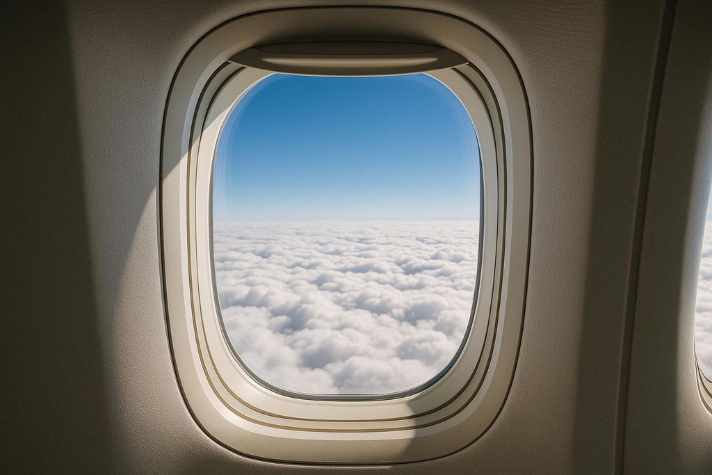 View from an airplane window looking over clouds, illustrating natural background radiation.