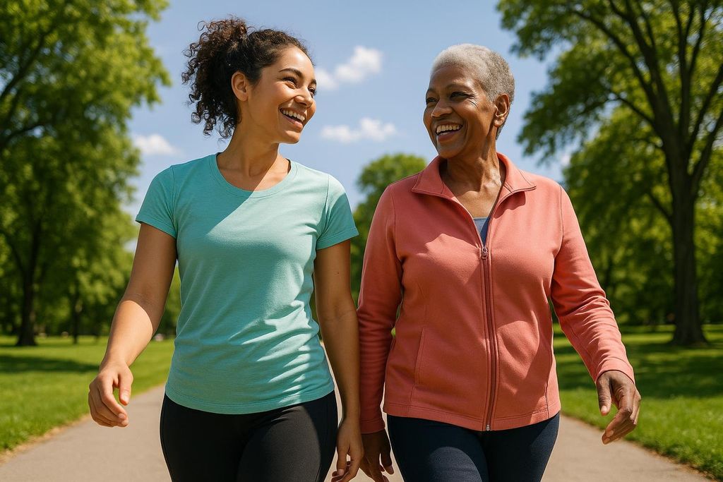 A smiling older woman and a younger woman walk together on a path in a park, looking at each other and laughing. Both are wearing activewear.