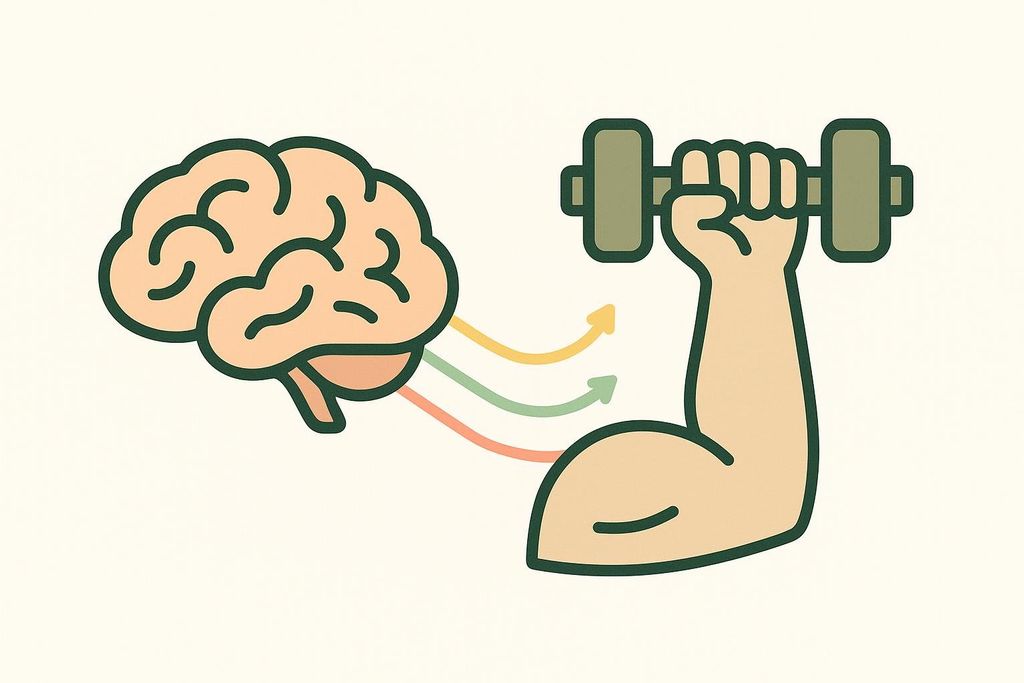 Illustration of a brain connected to a lifting arm by colored arrows, symbolizing the brain's influence on physical strength.