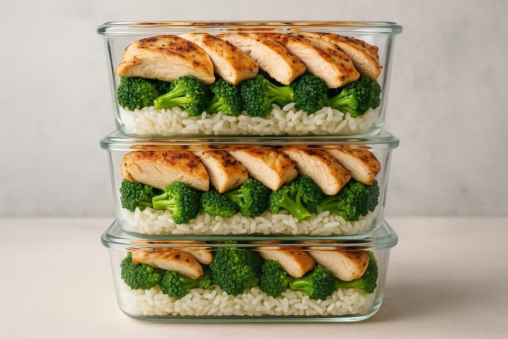 Three clear glass containers are stacked, each filled with white rice, green broccoli florets, and sliced grilled chicken breast on top. The chicken pieces are golden brown and slightly seared.