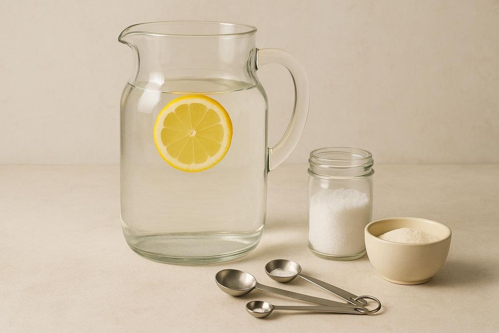 A clear glass pitcher filled with water and a lemon slice floating in it. Beside it are a jar of white powder, a small bowl of off-white powder, and several measuring spoons, suggesting ingredients for an electrolyte drink.