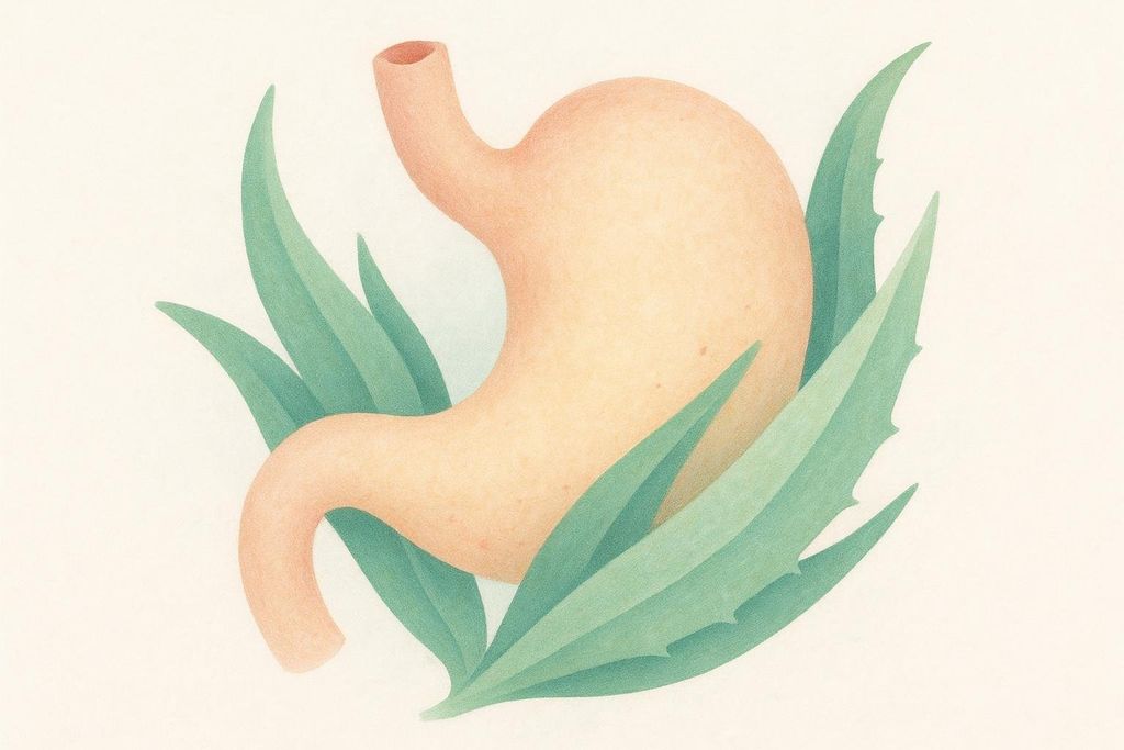An abstract illustration showing a pale orange stomach organ emerging from a cluster of green, spiky aloe vera leaves. The image suggests natural stomach soothing or healing.