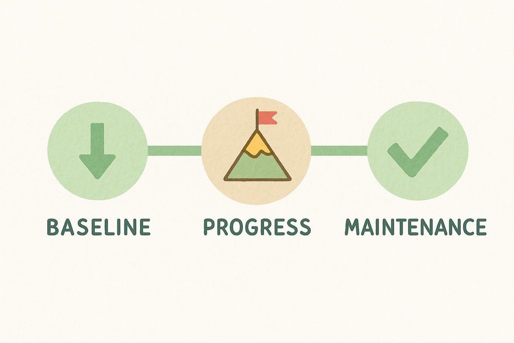 An illustration depicting three stages in a process: 'Baseline' with a downward arrow icon, 'Progress' with a mountain and flag icon, and 'Maintenance' with a checkmark icon. Each stage is labeled below its respective icon and connected by lines, forming a timeline.