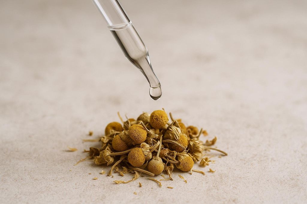 A close-up shot of a glass dropper with a clear liquid drop suspended at its tip, positioned above a small pile of dried chamomile flowers and leaves on a light-colored surface.