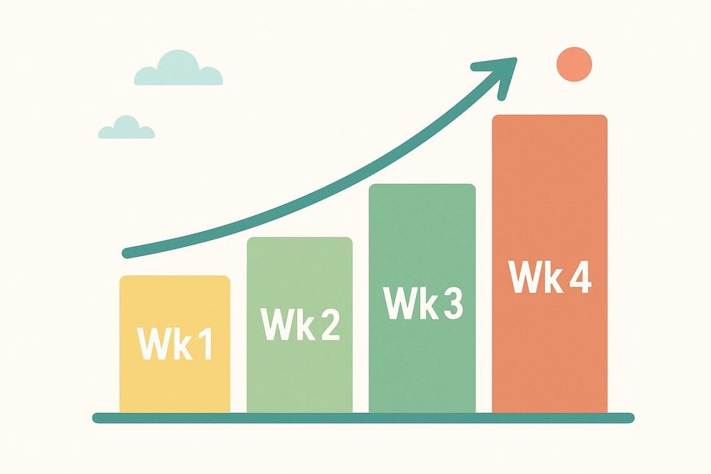 A bar chart showing an upward trend over four weeks, labeled Wk 1, Wk 2, Wk 3, and Wk 4, with an arrow indicating growth. There are two small clouds in the top left.