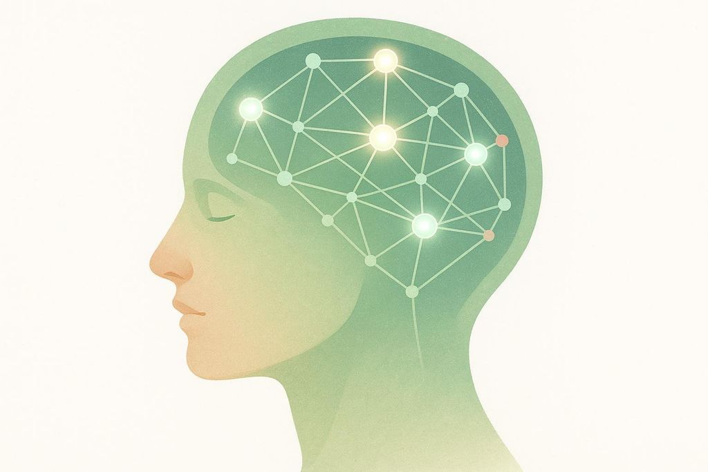 An abstract illustration of a human head in profile with a glowing neural network inside the brain, depicted in shades of green and yellow.