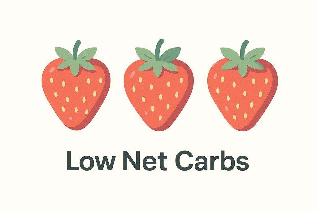 An illustration showing three red strawberries with green tops, each featuring small yellow seeds. Below the strawberries, the text "Low Net Carbs" is displayed in dark gray letters on a light cream background.