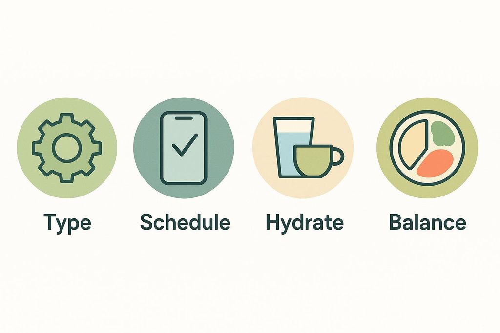 Four icons labeled Type, Schedule, Hydrate, and Balance illustrating the basic ADF protocol.