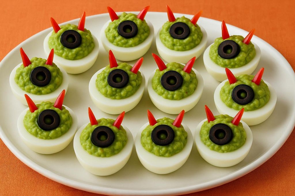 Deviled eggs with a green avocado filling, decorated to look like little monsters with olive eyes and pepper horns, presented on a white plate on an orange background.