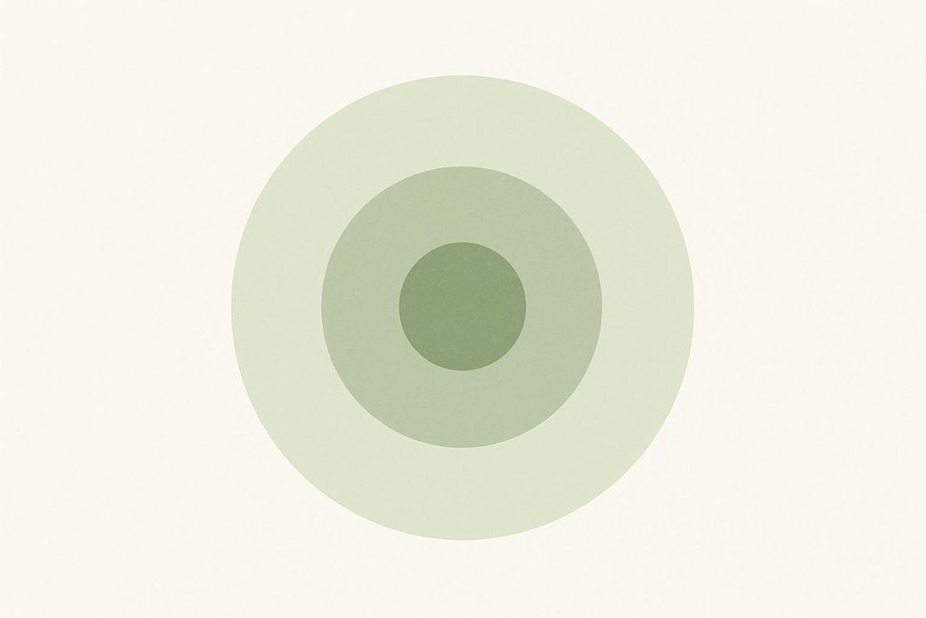 A minimal diagram featuring three concentric circles in shades of green, set against a light, off-white background with a subtle texture. The innermost circle is the darkest green, while the outermost is the lightest.
