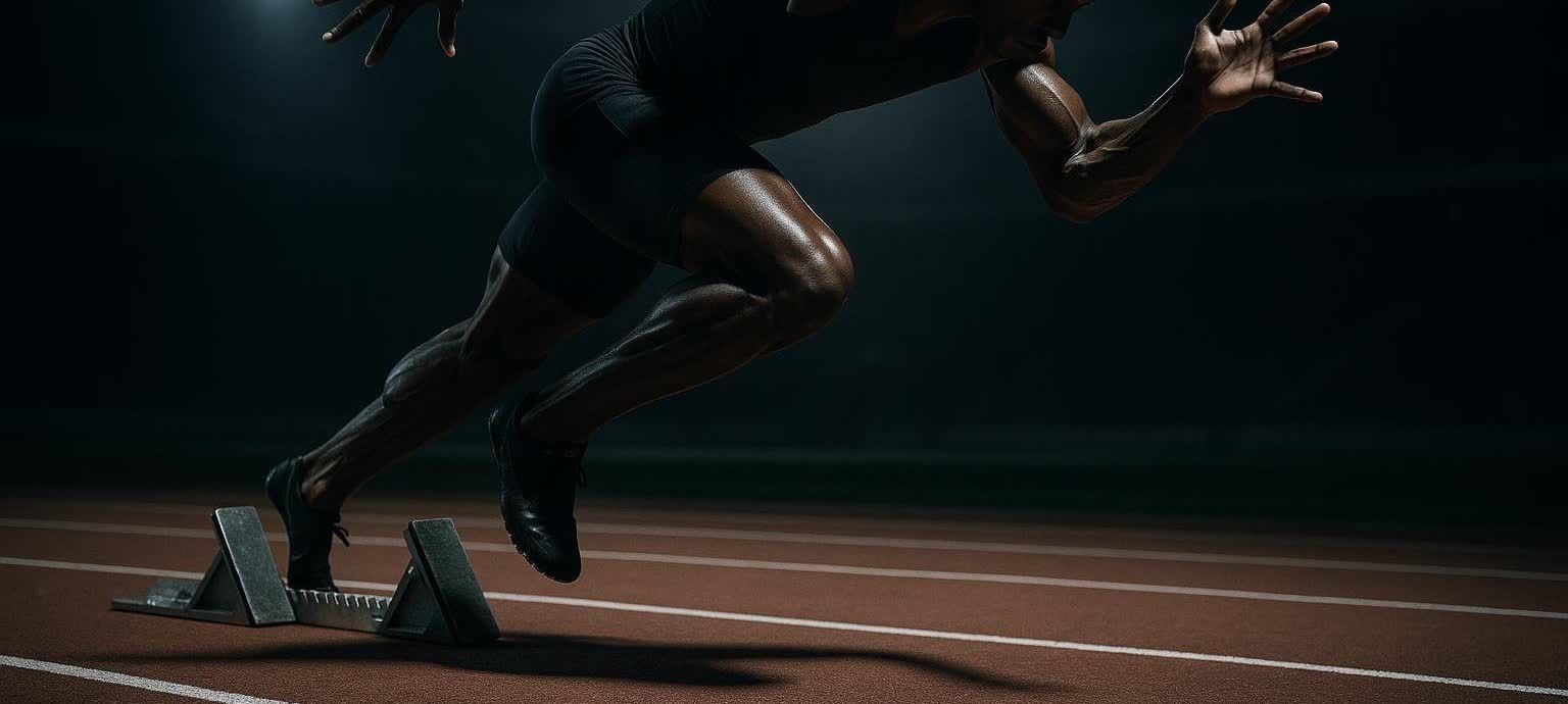 A muscular sprinter in black athletic wear is captured mid-start from a starting block on a running track. The image is dramatically lit with a spotlight from above, highlighting the athlete's form and giving a sense of motion against a dark background.