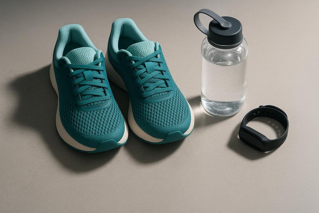 Running shoes and water bottle on the floor