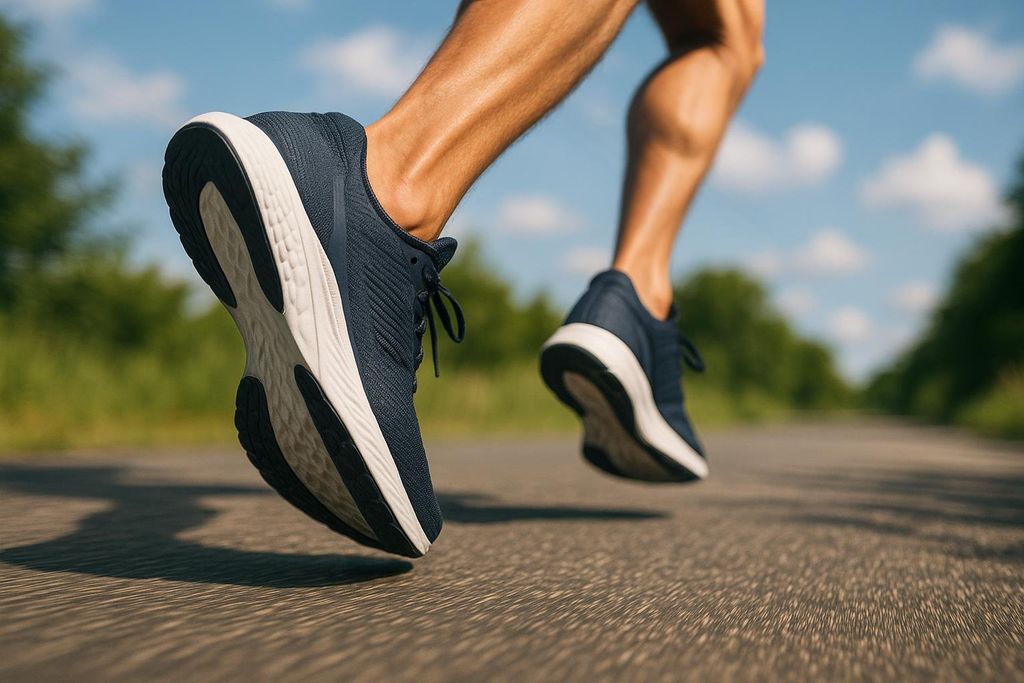 Close-up, low-angle action shot of a person's legs and feet wearing dark blue running shoes, mid-stride during a run on an asphalt road. The shoes have white and black soles, and the background is blurred with green trees and a blue sky.