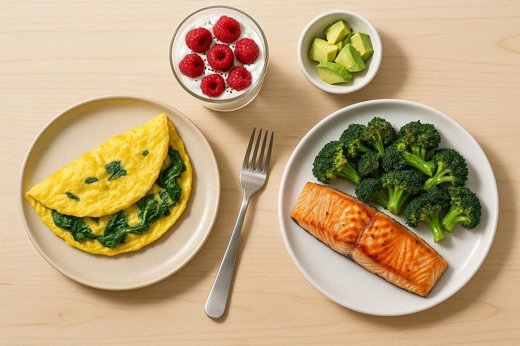 Flat lay of a keto meal set including a spinach omelet, yogurt parfait with raspberries, and grilled salmon with broccoli.