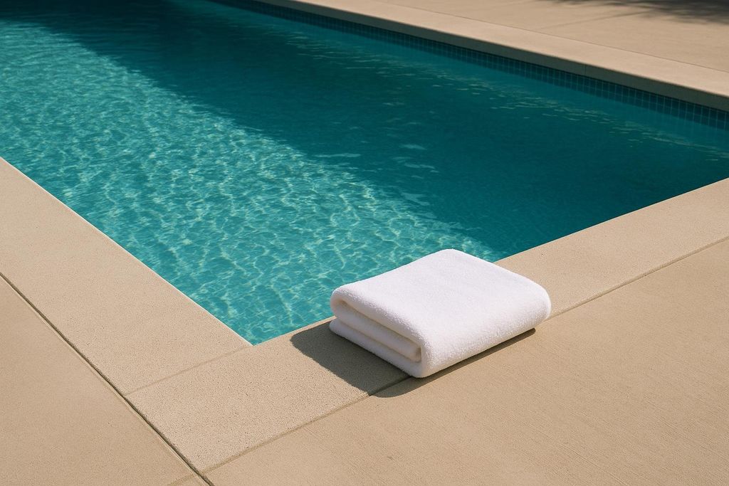 A clean, white, folded towel sits on the beige concrete edge of a swimming pool with clear blue water reflecting sunlight.