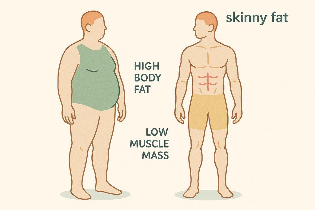 An illustration comparing two male figures: one on the left represents 'High Body Fat, Low Muscle Mass' and appears overweight, while the figure on the right represents 'Skinny Fat' and appears lean but with a less defined physique, indicating low muscle mass. Both figures are drawn in a simple, flat style.
