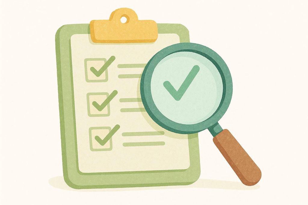 A stylized illustration of a green clipboard with a paper showing three checked boxes and three lines. A green magnifying glass is placed over the clipboard, with a larger green checkmark visible through its lens, symbolizing review or vetting.