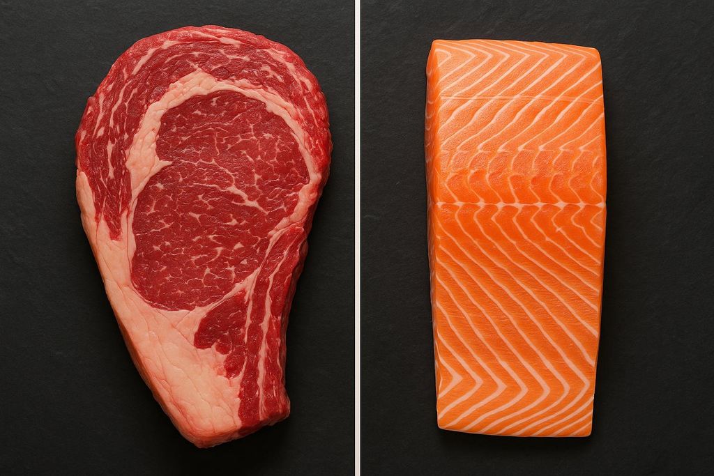A close-up, overhead view of a raw ribeye beef steak on the left and a raw salmon fillet on the right, both laid on a dark surface.