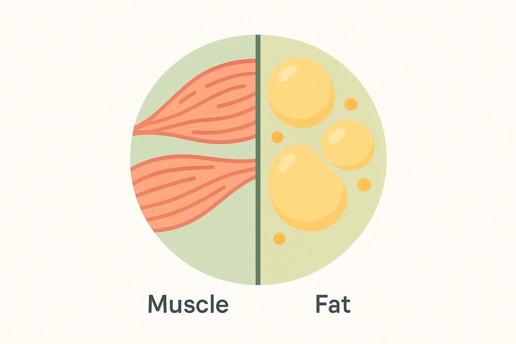 An abstract diagram showing a comparison between muscle tissue and fat tissue. The left half shows red muscle fibers, and the right half shows yellow fat cells.
